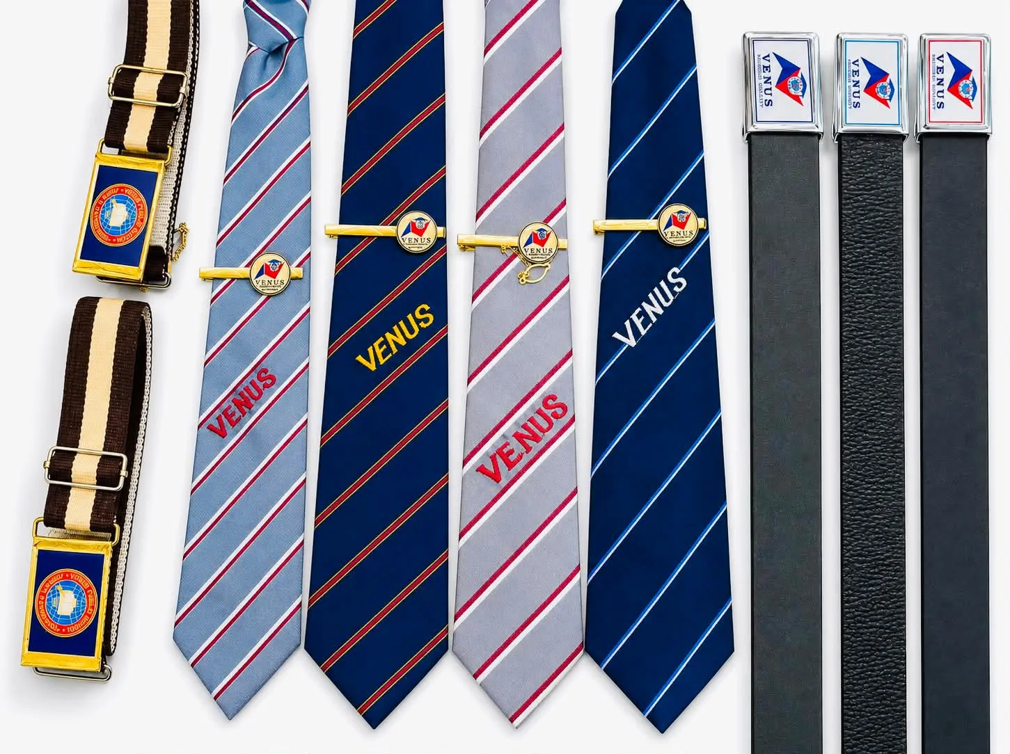 School ties, tie pins and belts arranged as institutional product references