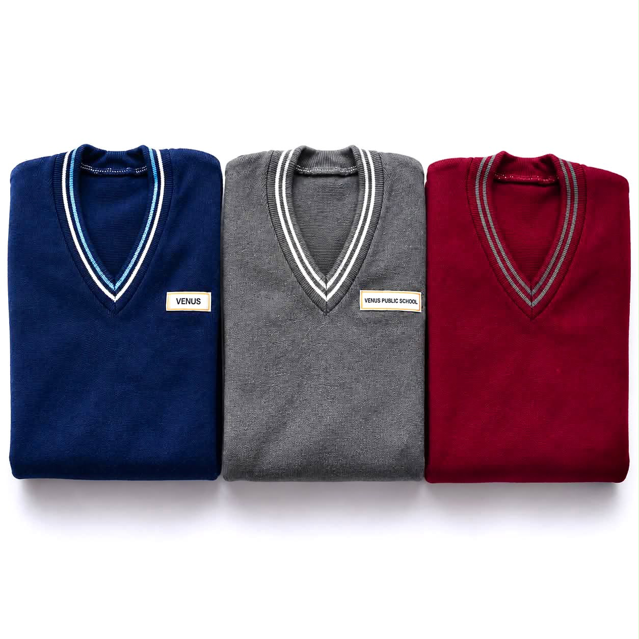 Navy, grey and maroon V-neck school sweaters